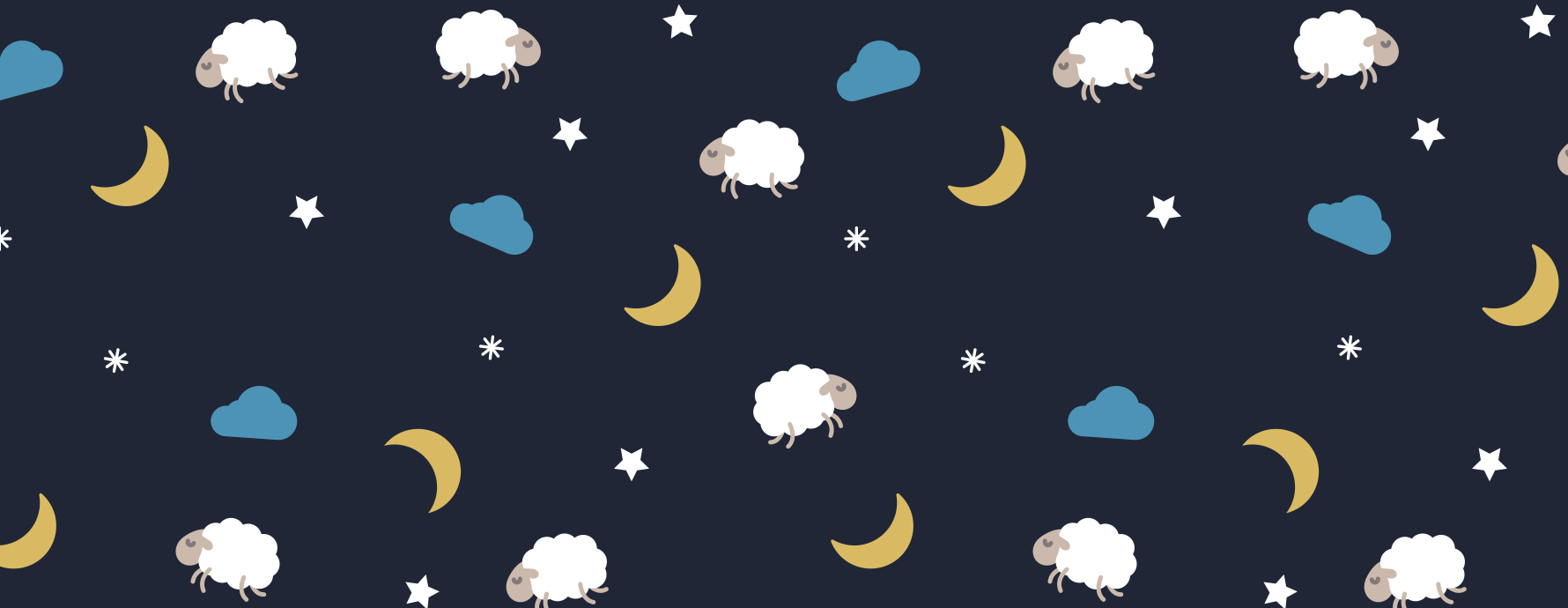 graphics of crescent moons, sheep, stars, and clouds on a dark night sky