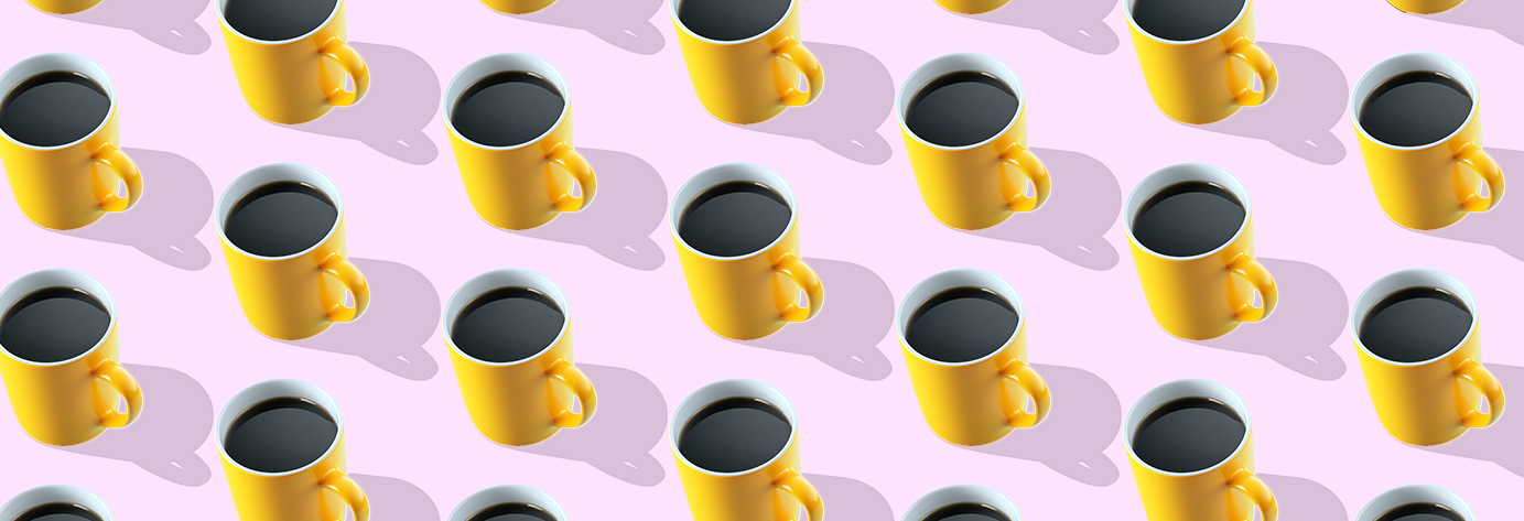 yellow mugs full of black coffee sit on a pink surface