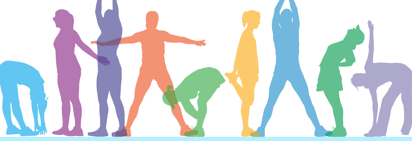colorful silhouettes of men and women stretching