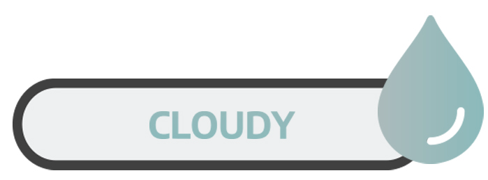 The word "cloudy" appears alongside a blue-gray drop of liquid