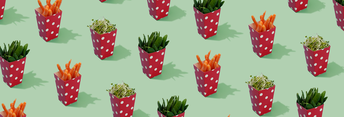 red and white polka dot containers hold healthy snacks of fresh carrots, bean sprouts, and snow peas