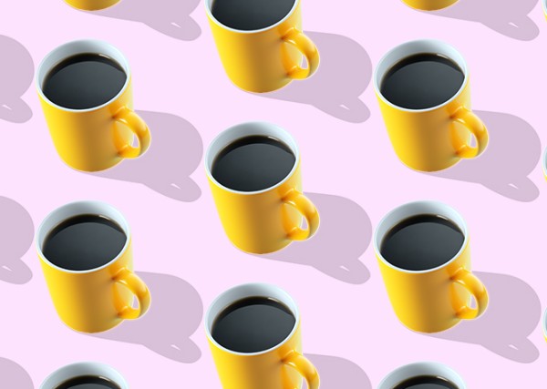 yellow mugs full of black coffee sit on a pink surface