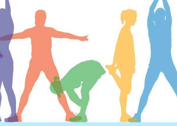 colorful silhouettes of men and women stretching