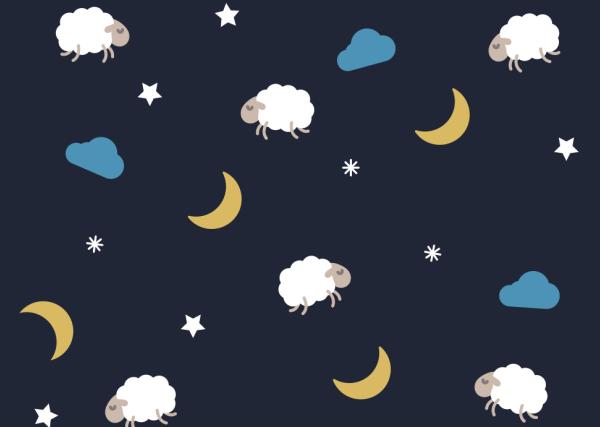 graphics of crescent moons, sheep, stars, and clouds on a dark night sky