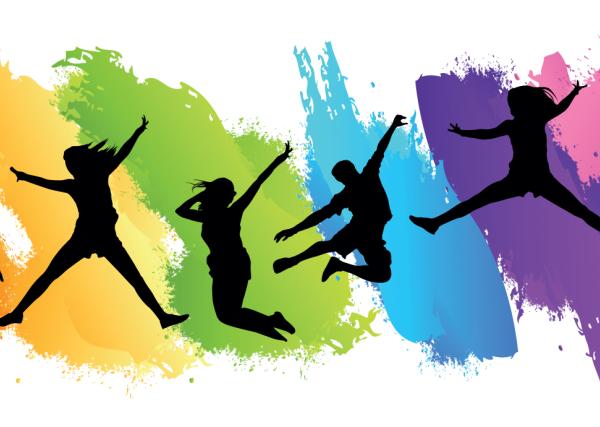 silhouettes of people jump and pose in front of a rainbow background