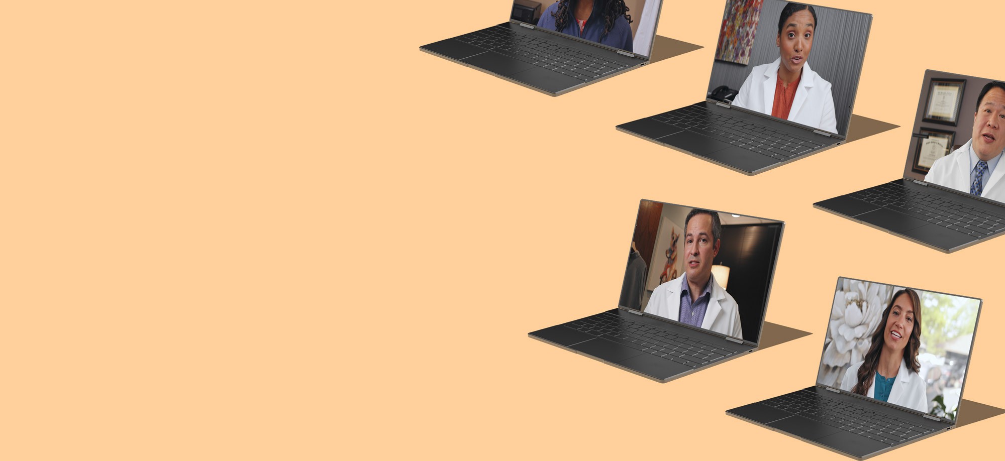 Array of laptops with telehealth doctors