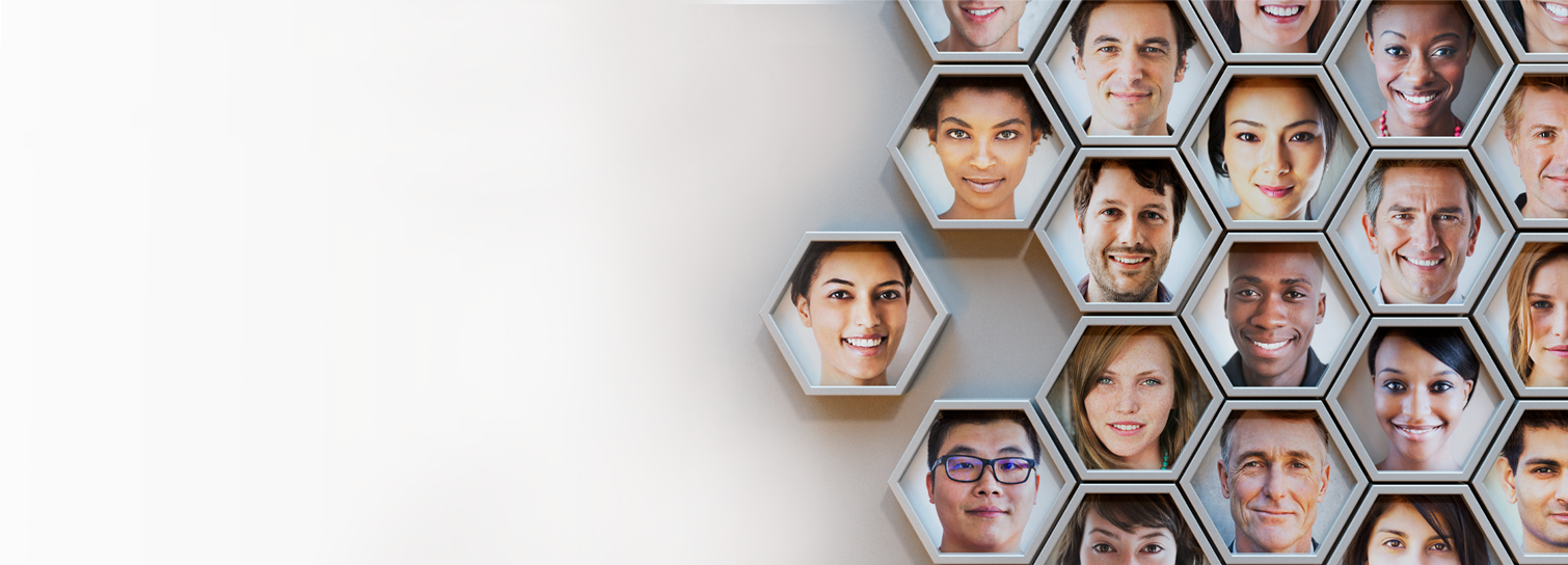 Photos of people in hexagonal frames fit together to form a honeycomb pattern