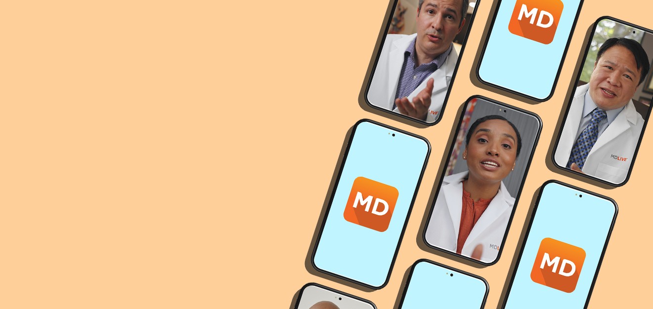 Doctors appear via video call on a collection of smartphones equipped with the MDLIVE app