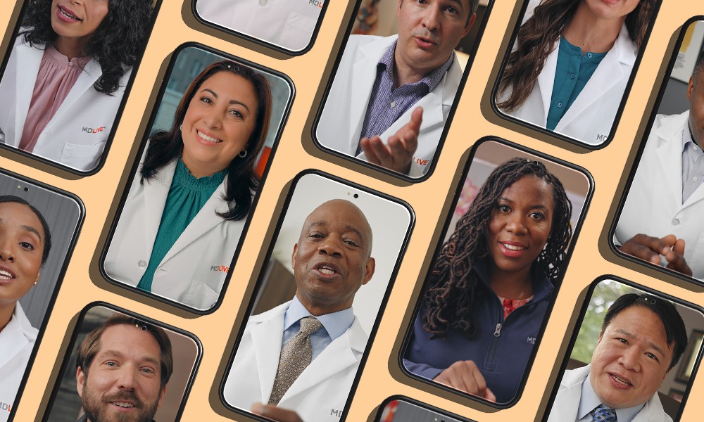 Array of cell phones with doctors and patients.