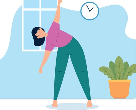 A person stretches at home