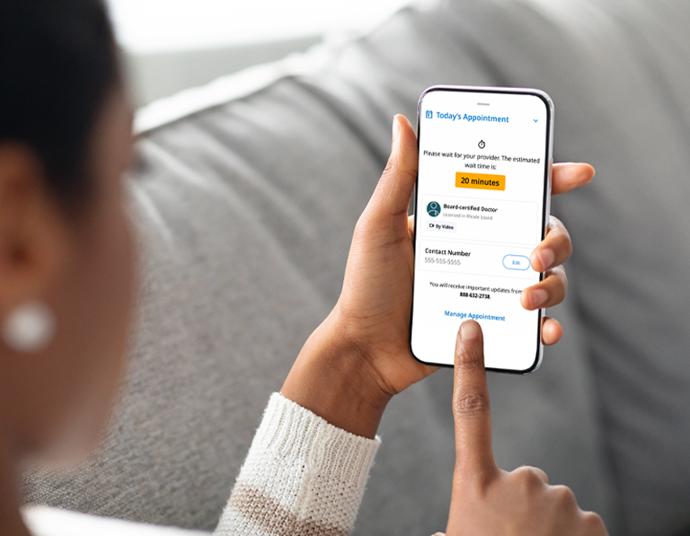 A person manages a virtual health appointment using the MD Live mobile app on their smartphone