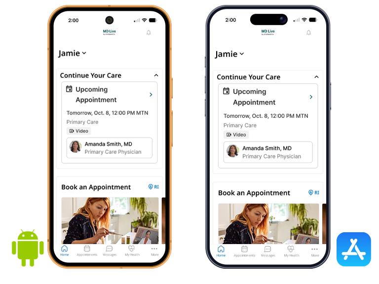 One Android smartphone and one Apple iPhone show how to use the MDLIVE mobile app